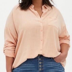 Torrid Rayon Slub Drop Shoulder Button-Front Long Sleeve Casual Shirt- Peach